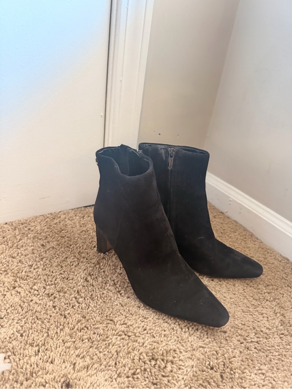 Sam Edelman Black Suede Pointed Ankle Booties with Block Heel